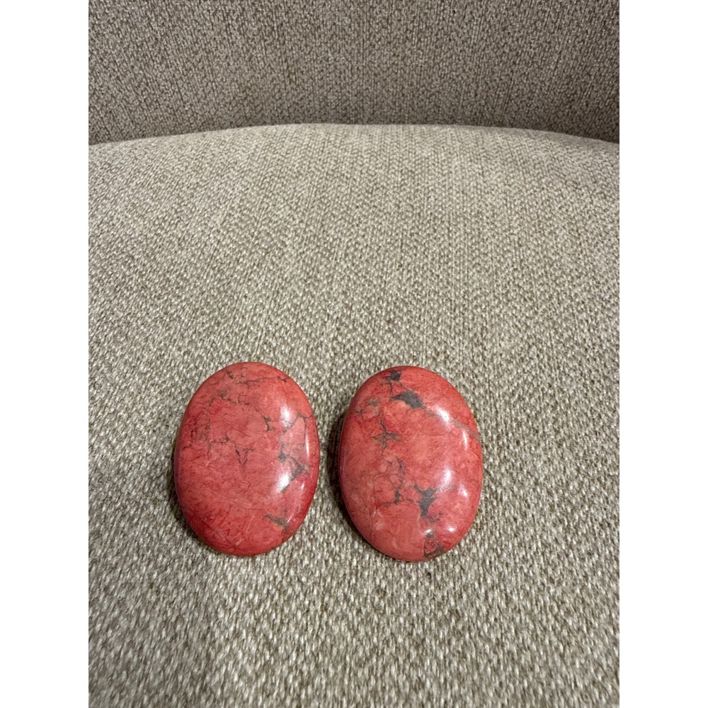 Vintage 1980s Clip On Earrings Salmon Pink Marbled Oval Retro Statement